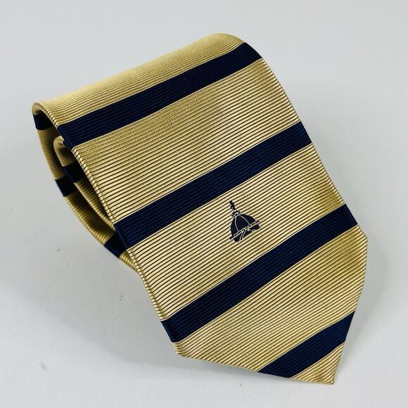 Notre Dame University 100% Silk Necktie Tie Gold Navy Blue Striped 58 x 3 1/4 - Picture 1 of 4